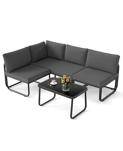 Gymax Set of 4 Patio Furniture Set w/Cushions & Tempered Glass Coffee Table for Garden