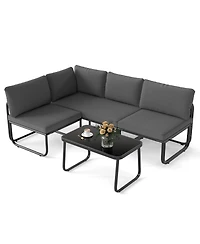 Gymax Set of 4 Patio Furniture Set w/Cushions & Tempered Glass Coffee Table for Garden