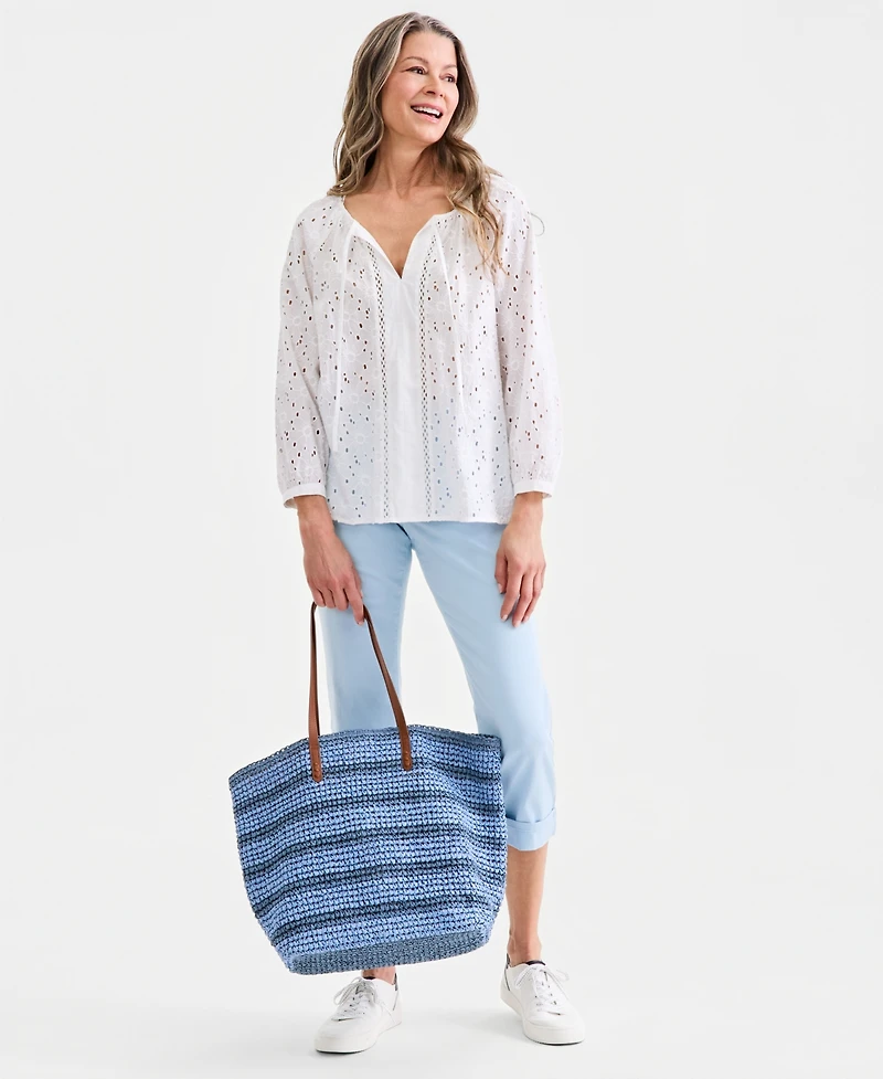 Style & Co Women's Cotton Eyelet Split Neck Long-Sleeve Top, Macy's Exclusive