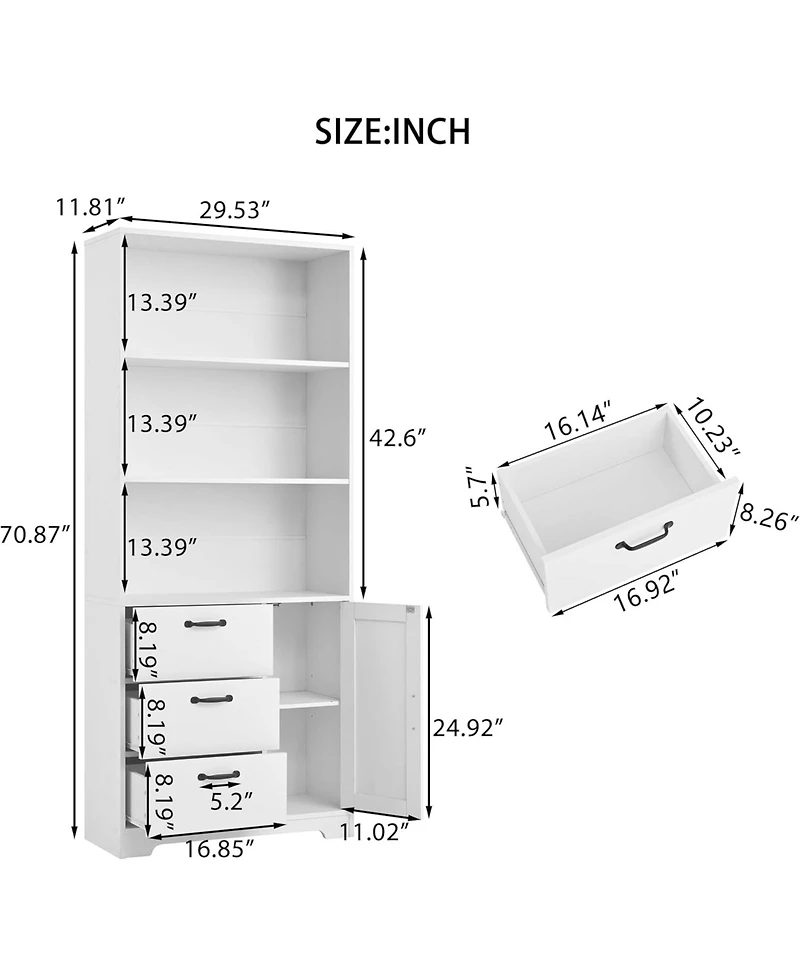 gaomon 6-Tier Bookshelf with Door and 3 Drawers, 71" Tall Bookcase with 3-Tier Open Shelves