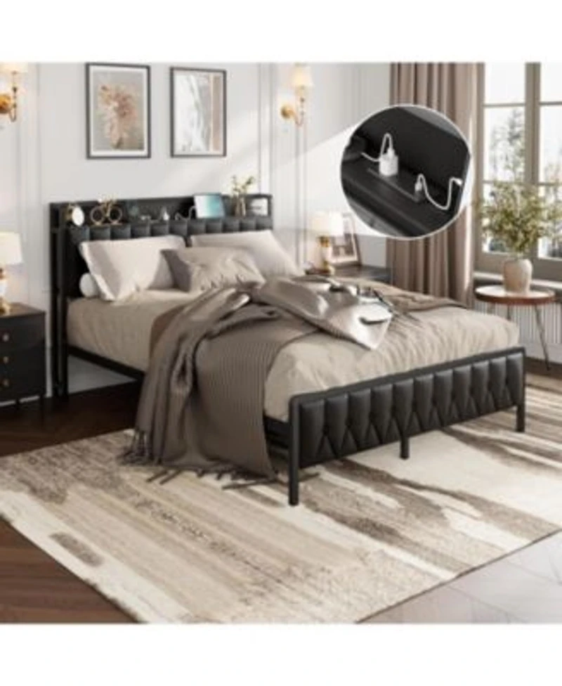Gaomon Bed Frame With Pu Faux Leather Charging Station Upholstered Platform Bed With 12 X22 Underbed Storage Metal Frame