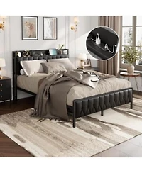 Gaomon Bed Frame With Pu Faux Leather Charging Station Upholstered Platform Bed With 12 X22 Underbed Storage Metal Frame