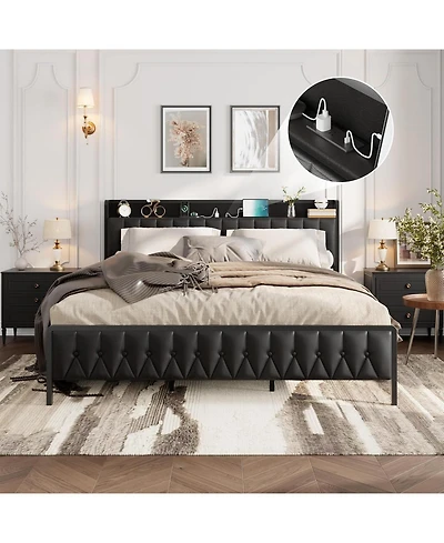 gaomon King Bed Frame with Charging Station, Faux Leather Platform Bed with Storage Button Headboard & Footboard, 12" Underbed Space, Noise-Free