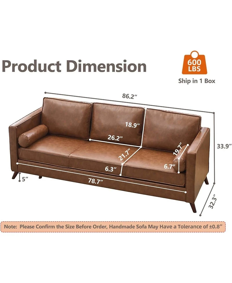 Gaomon Mid Century Modern Leather Sofa for Living Room, 3 Seater Leather Couch, Deep Seat Couch, Cozy Sofa for Office, Apartment, High Density Sponge