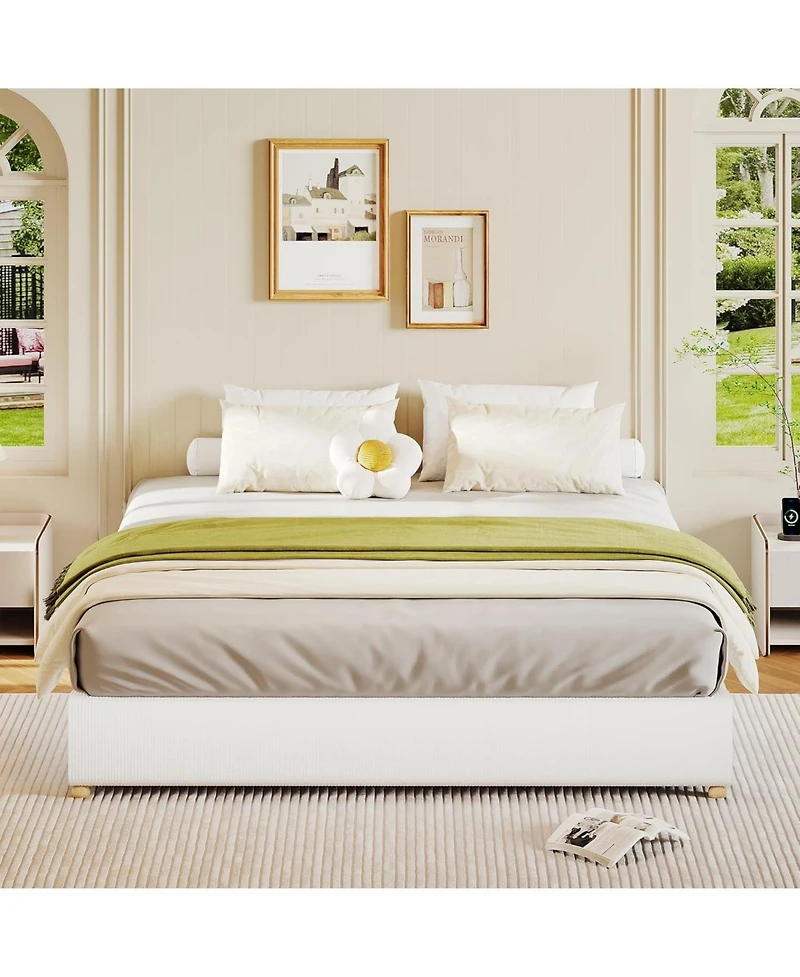 gaomon King Cloud Bed Frame, Corduroy Soft Fabric Low Bed Frames with Solid Wood Round Legs, King Size Platform Bed Without Headboard, Noiseless