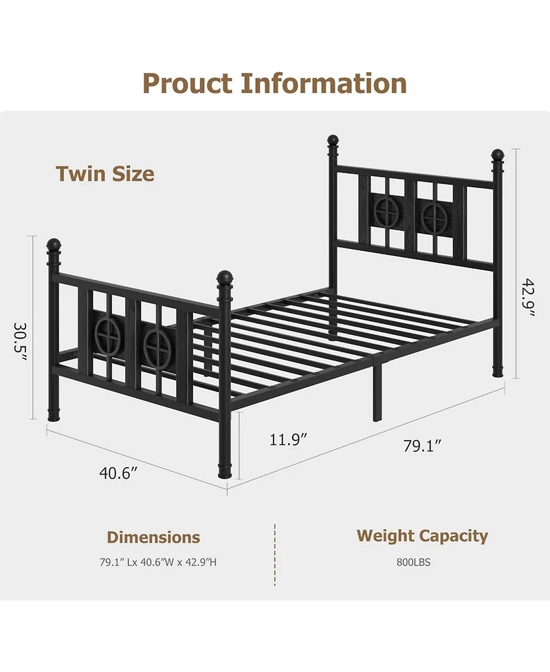 gaomon Twin Size Bed Frame with Headboard and Footboard, Metal Twin Bed Frame w/Vintage Circular Design & Storage Space Under Bed