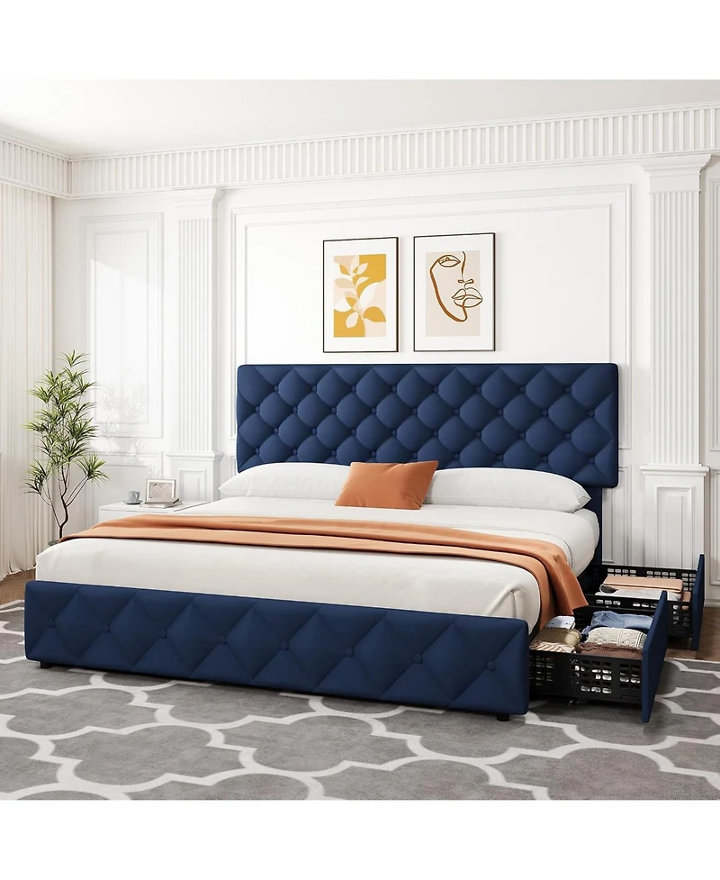 gaomon King Size Bed Frame with 4 Storage Drawers and Adjustable Headboard, Linen Upholstered Platform Beds