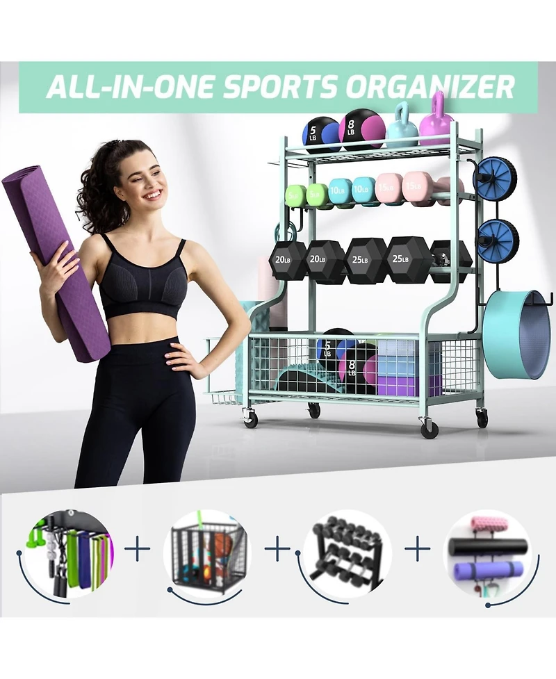 Home Gym Storage for Dumbbells,Yoga Mat and Balls, Adjustable width,All in One Workout Storage with Wheels and Hooks,Steel