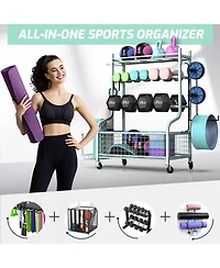 Home Gym Storage for Dumbbells,Yoga Mat and Balls, Adjustable width,All in One Workout Storage with Wheels and Hooks,Steel