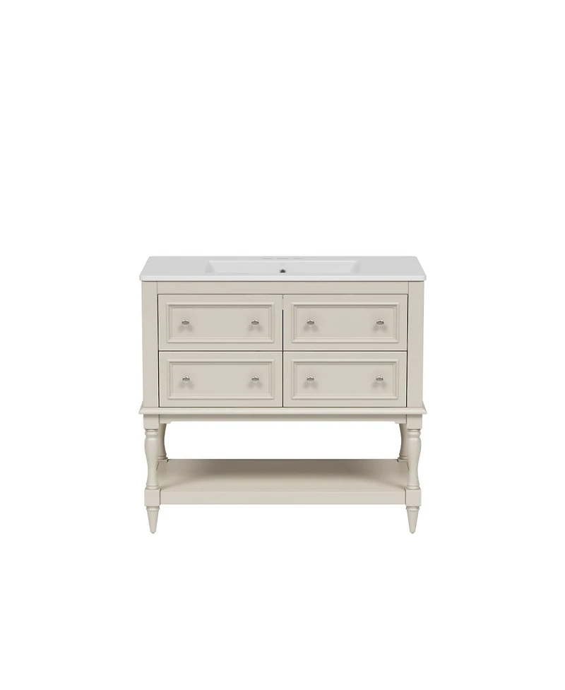 Sillysis 36" Modern Bathroom Vanity with Ceramic Sink, Freestanding Solid Wood Cabinet, 4 Drawers & Storage Shelf