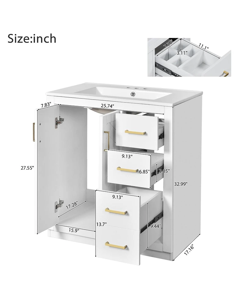 Sillysis 30" Bathroom Vanity with Ceramic Sink, 3 Drawers & Soft Close Doors, Solid Wood Cabinet for Ample Storage