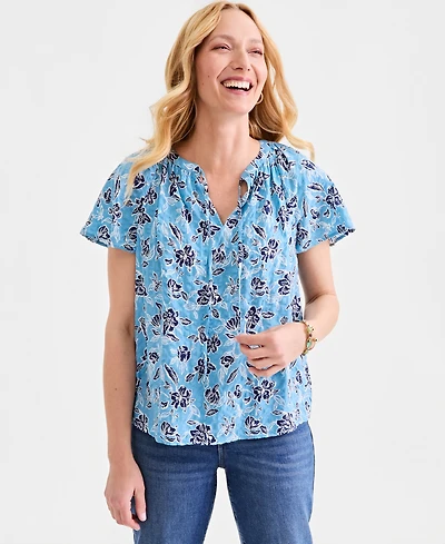 Style & Co Women's Seersucker Split-Neck Flutter Sleeve Top, Created for Macy's