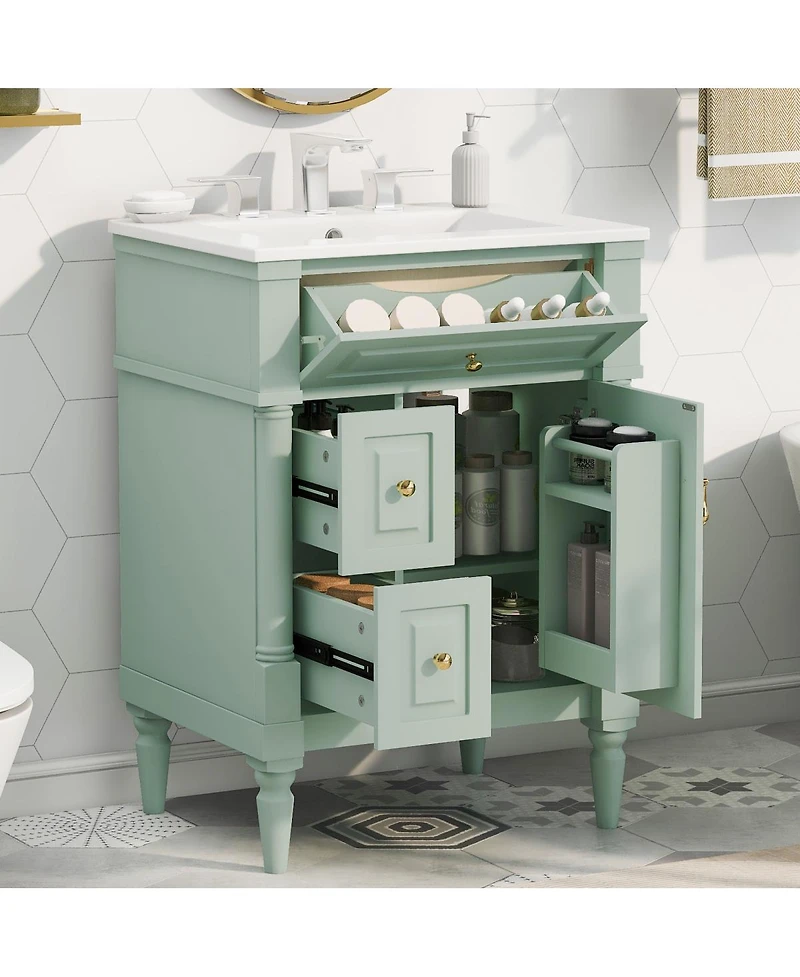 Sillysis 24" Bathroom Vanity with Sink, Solid Wood Cabinet with Flip Drawer and Adjustable Shelf, Freestanding Modern Storage for Small Spaces