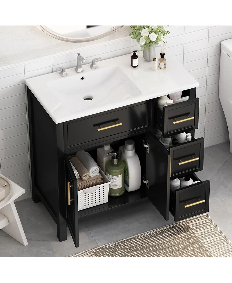Sillysis 36" Bathroom Vanity with Left Ceramic Sink, Solid Wood & Mdf Cabinet, Ample Storage Drawers, Modern Freestanding