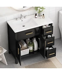 Sillysis 36" Bathroom Vanity with Left Ceramic Sink, Solid Wood & Mdf Cabinet, Ample Storage Drawers, Modern Freestanding