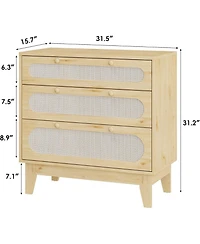 gaomon Rattan Nightstand with 3 Drawers, Narrow Wooden Bedside Table for Bedroom