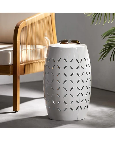 Streamdale Furniture Sculptural Barrel Side Table with Laser-Cut Floral Motifs