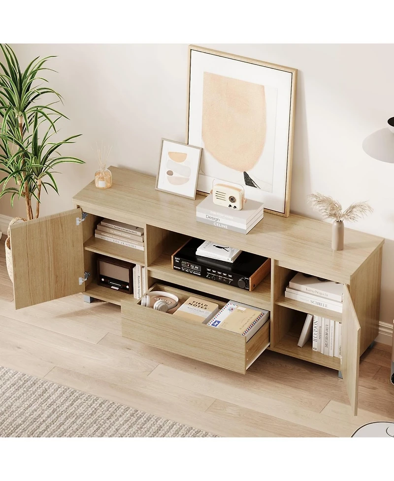 gaomon Rattan Tv Stand for 70 Inch Tv, Boho Tv Entertainment Center, Wooden Tv Console with Drawer and 2 Cabinets, Media Console Cabinet