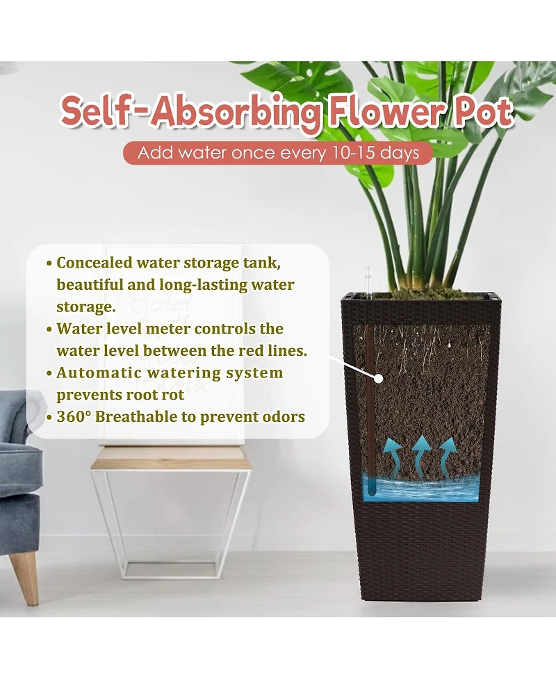 Streamdale Furniture 30" Tall Large Self-Watering Planter with Inner Tray & Water Level Monitor