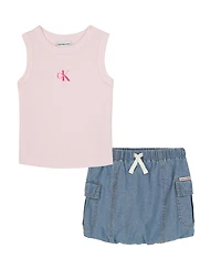 Calvin Klein Girls' 4-6X Ribbed Tank Top and Denim Bubble Skirt, 2-Piece Set