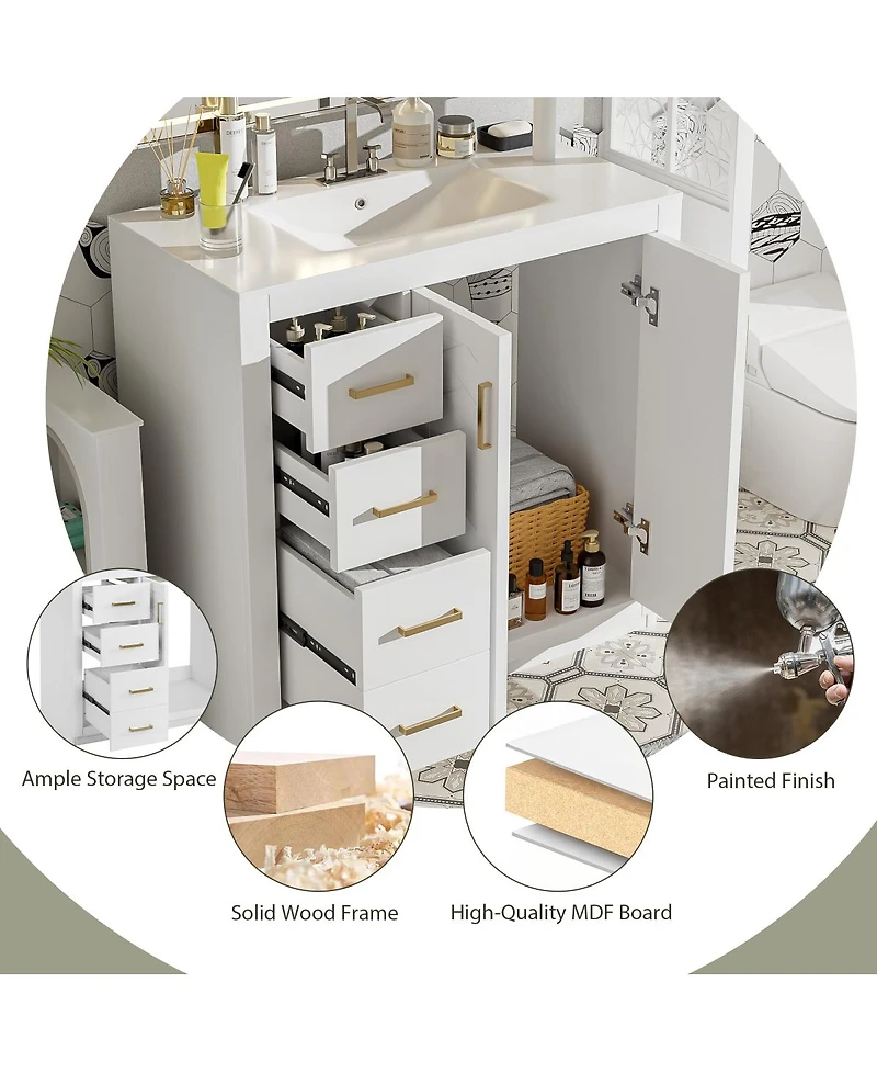 Sillysis 36" Bathroom Vanity with Ceramic Sink, Solid Wood Frame, Soft Close Drawers & Ample Storage for Modern Homes