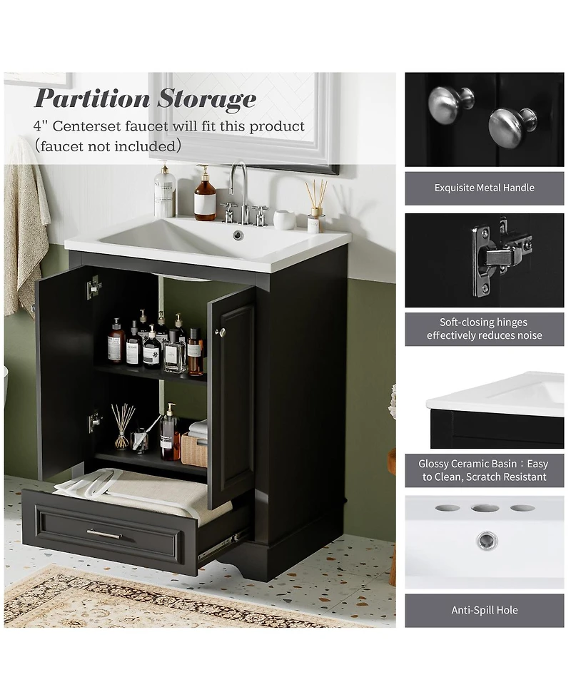 Sillysis 24" Bathroom Vanity with Ceramic Sink, Modern Freestanding Cabinet Drawer & Soft Closing Doors, Solid Wood Mdf Storage