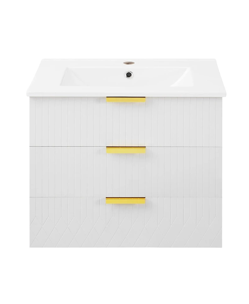Sillysis 24"Wall Mounted Bathroom Vanity with Ceramic Sink & Double Drawers, Stripe Design for Small Bathrooms