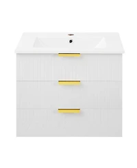 Sillysis 24"Wall Mounted Bathroom Vanity with Ceramic Sink & Double Drawers, Stripe Design for Small Bathrooms