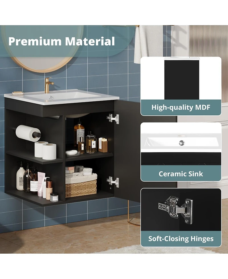 Sillysis 20" Wall Mounted Bathroom Vanity with Sink, Modern Floating Open Shelves for Small Spaces