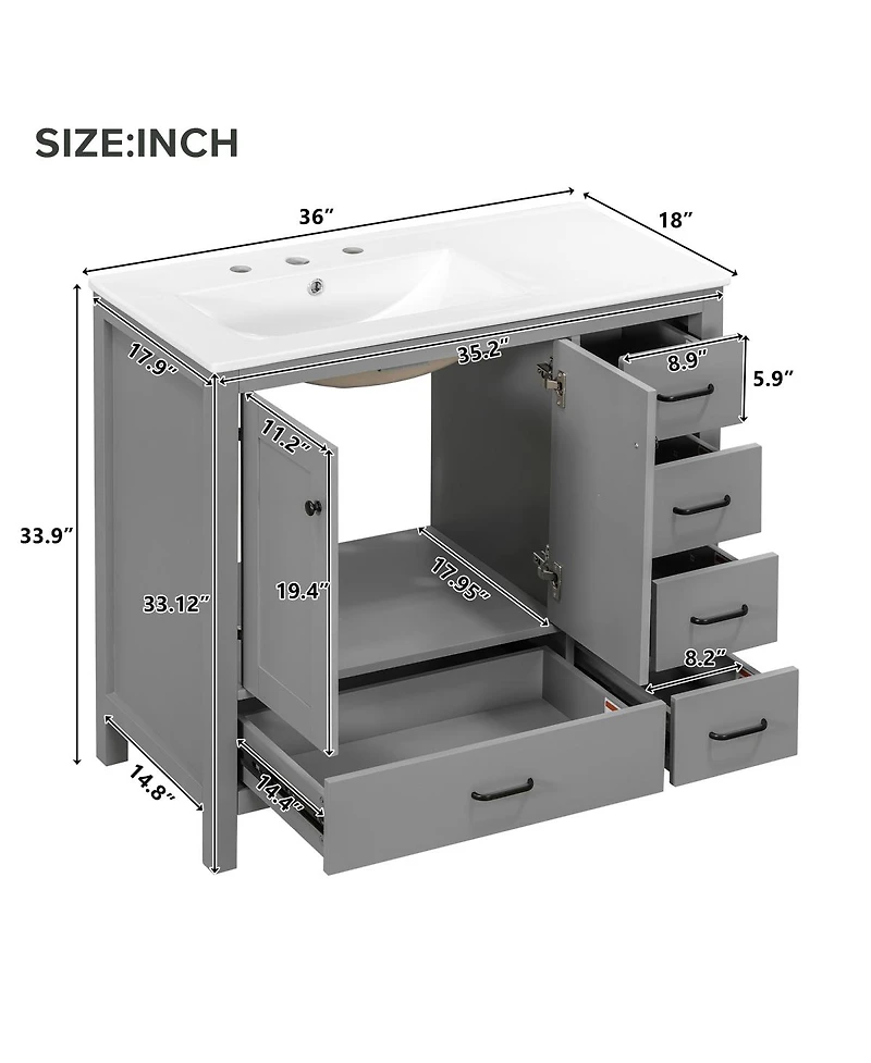 Sillysis 36" Bathroom Vanity with Sink, Solid Wood Cabinet & 5 Drawers Storage, Modern Freestanding Bath for Small Spaces