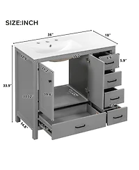 Sillysis 36" Bathroom Vanity with Sink, Solid Wood Cabinet & 5 Drawers Storage, Modern Freestanding Bath for Small Spaces