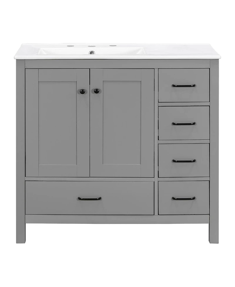 Sillysis 36" Bathroom Vanity with Sink, Solid Wood Cabinet & 5 Drawers Storage, Modern Freestanding Bath for Small Spaces
