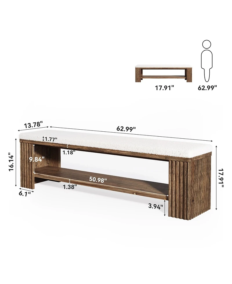 Tribesigns 63" Solid Wood Dining Bench, Farmhouse Upholstered End of Bed Bench with Removable Faux Lambswool Cushion,Indoor Long Entryway Bench
