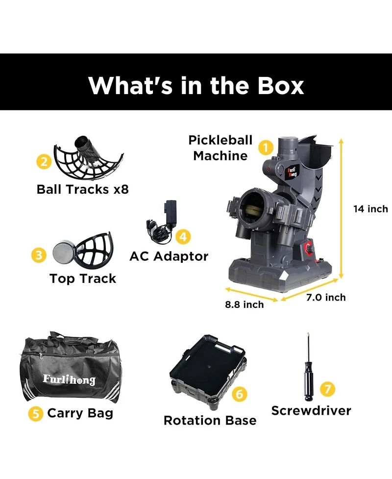 Furlihong Automatic Pickleball Machine with Oscillating Base, Adjustable Speed, Battery or Ac Power, and Tripod Compatibility for All Skill Levels
