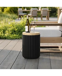 LuxenHome Fluted Round Patio Side Table with Removable Lid & Galvanized Metal Ice Bucket
