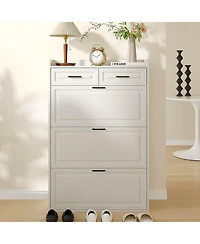 gaomon Narrow Entryway Wooden Shoe Cabinet, 2 Drawers + 3 Flip Drawers, Hidden Storage Design