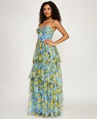 City Studios Women's Strapless Sweetheart Neck Floral Maxi Dress