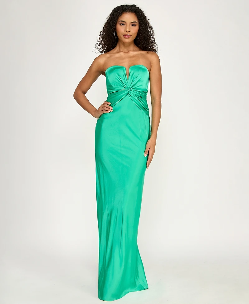 City Studios Junior's Strapless Sweetheart Twist-Front Satin Maxi Dress