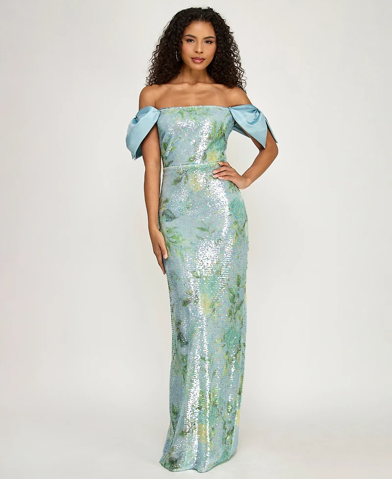 City Studios Women's Off-Shoulder Sequin Maxi Dress