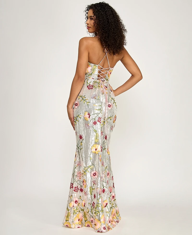 City Studios Women's V-Neck Floral Embroidered Sequin Maxi Dress
