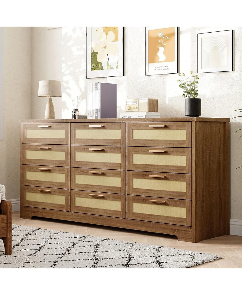 gaomon 12 Drawer Dresser for Bedroom, Modern Rattan Chest of Drawers, Wood Storage Organizer with Panel Drawers and Handles