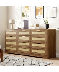 gaomon 12 Drawer Dresser for Bedroom, Modern Rattan Chest of Drawers, Wood Storage Organizer with Panel Drawers and Handles