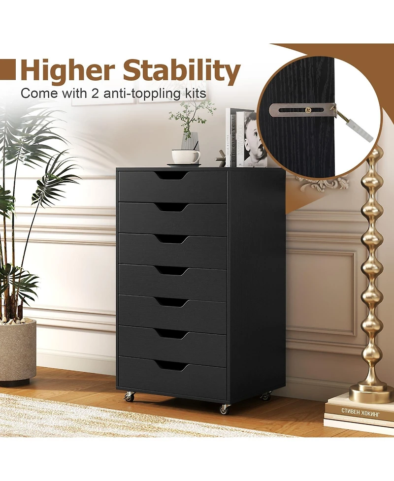 Sugift 7-Drawer Chest Wooden Storage Dresser with Lockable Wheels