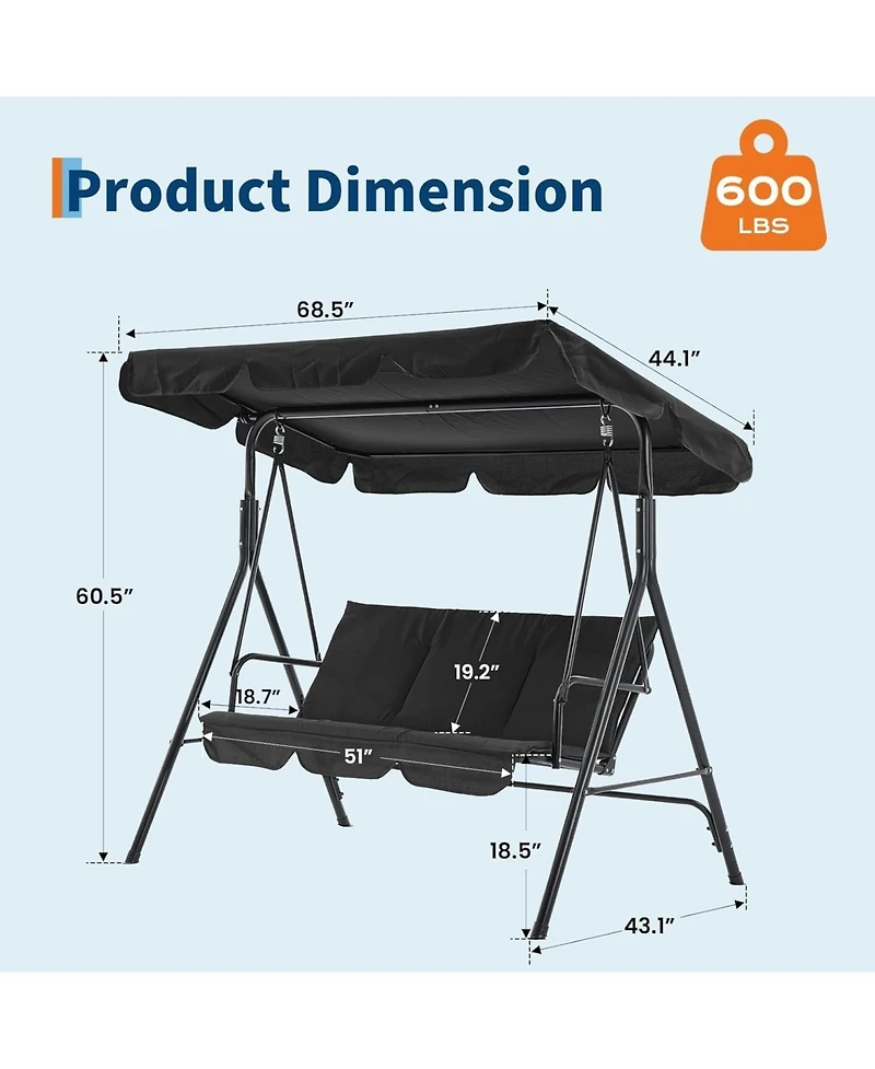 gaomon 3-Person Outdoor Patio Swing Chair with Canopy, Armrests, Breathable Fabric, Porch & Garden Seating, 600 Lbs Capacity