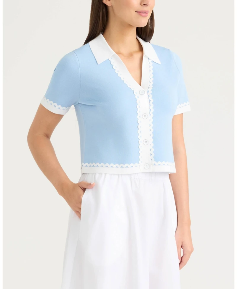 Ellen Tracy Women's Short Sleeve Ric Rac Trims Cardigan