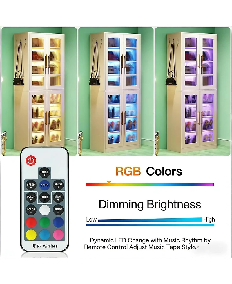 Rainsken Modern Shoe Cabinet for Entryway, 8-Tier Vertical Shoe Rack with Led Lighting, Doors for Dust Protection and Hooks for Entryway, Living Room