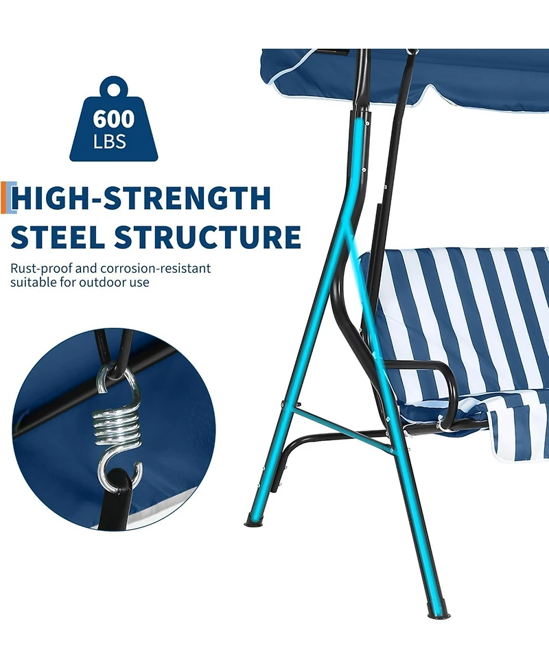gaomon Outdoor Porch Swing Chair with Adjustable Canopy & Striped Seat Cushion for Adults 3-Seat Patio Glider Bench with Thick Cushions