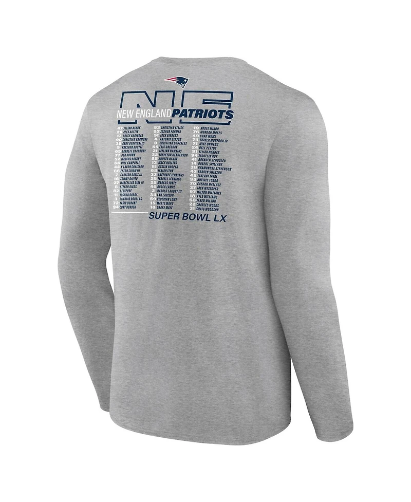 Fanatics Men's Heather Gray New England Patriots Super Bowl Lx Roster Long Sleeve T-Shirt