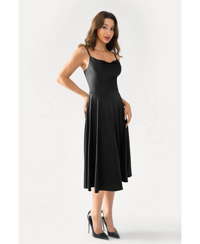 Popilush Women's Shapewear Strappy Cowl Neck Fit & Flare Midi Dress