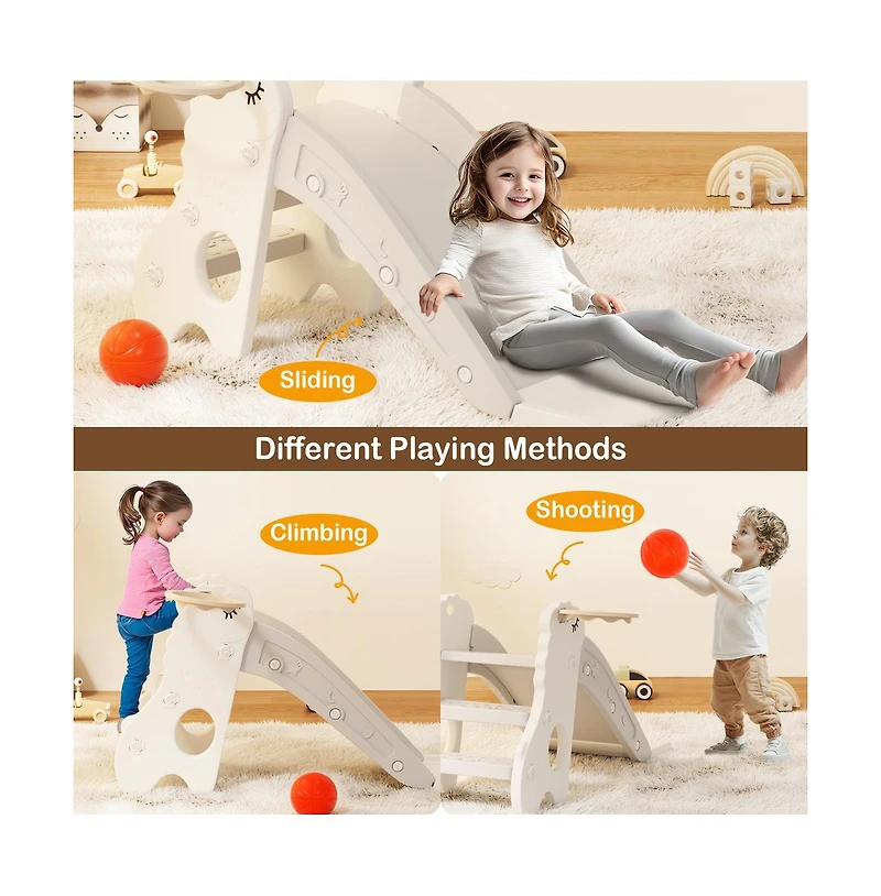 Bruce & Shark 3-in-1 Foldable Toddler Slide with Climb Basketball Hoop – Safe Triangle Structure